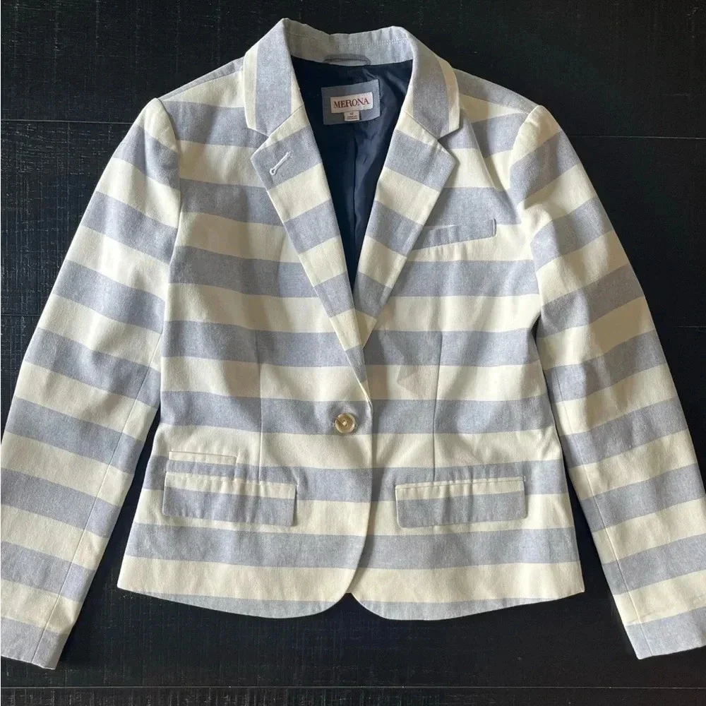 Merona Blazer Jacket Striped Blue White Coastal Size 12 - Picture 1 of 8